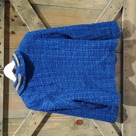 VINTAGE GIANCARLO FERRARI BLUE TWEED BLAZER W GOLD CHAINS SIZE 8 OLD MONEY - Picture 9 of 10